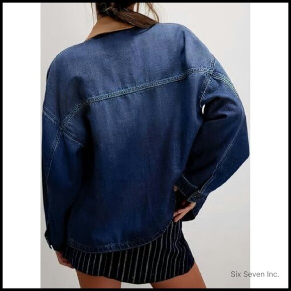 Oversized Color Block Denim Jacket Chic Boyfriend Fit Long Sleeve Button Down - Picture 5 of 8